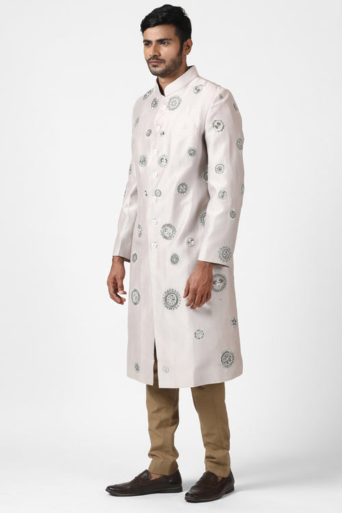 Soft Grey Medallion Embroidered Sherwani