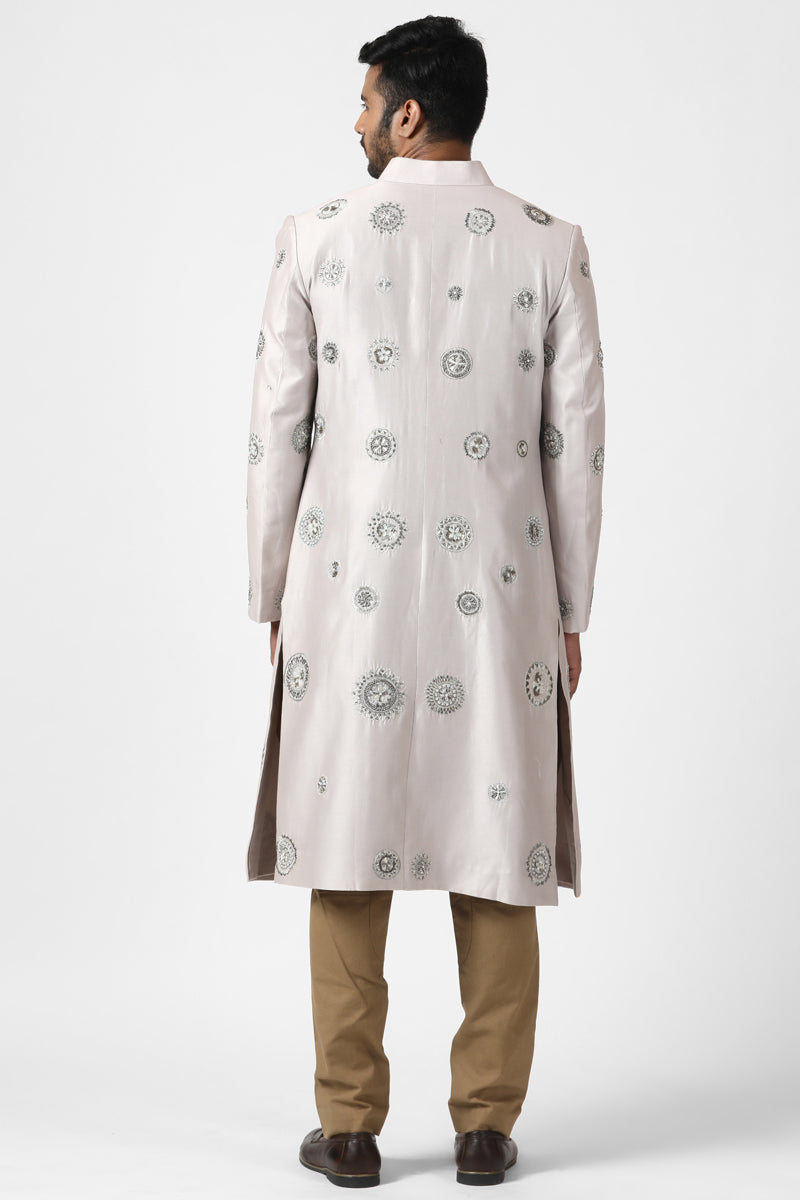 Soft Grey Medallion Embroidered Sherwani