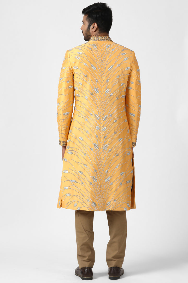 Golden Yellow Zari Embroidered Sherwani
