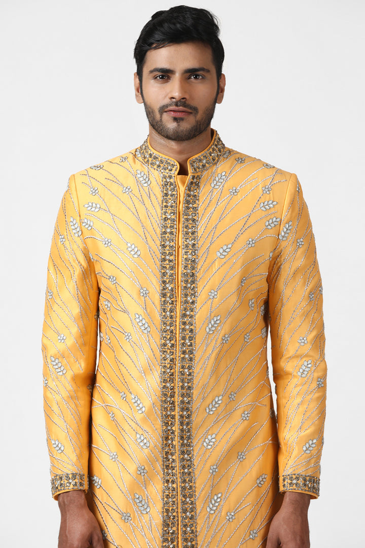 Golden Yellow Zari Embroidered Sherwani