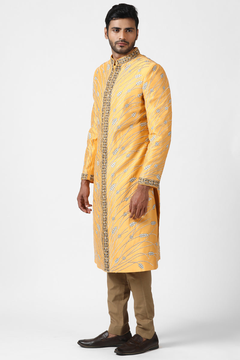 Golden Yellow Zari Embroidered Sherwani