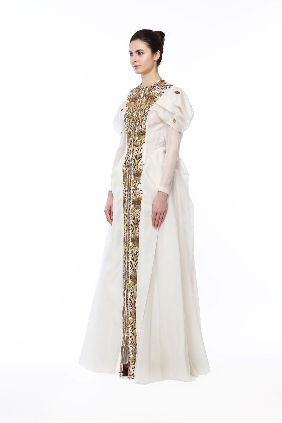 Elongated Puff-Sleeves Embroidered Gown