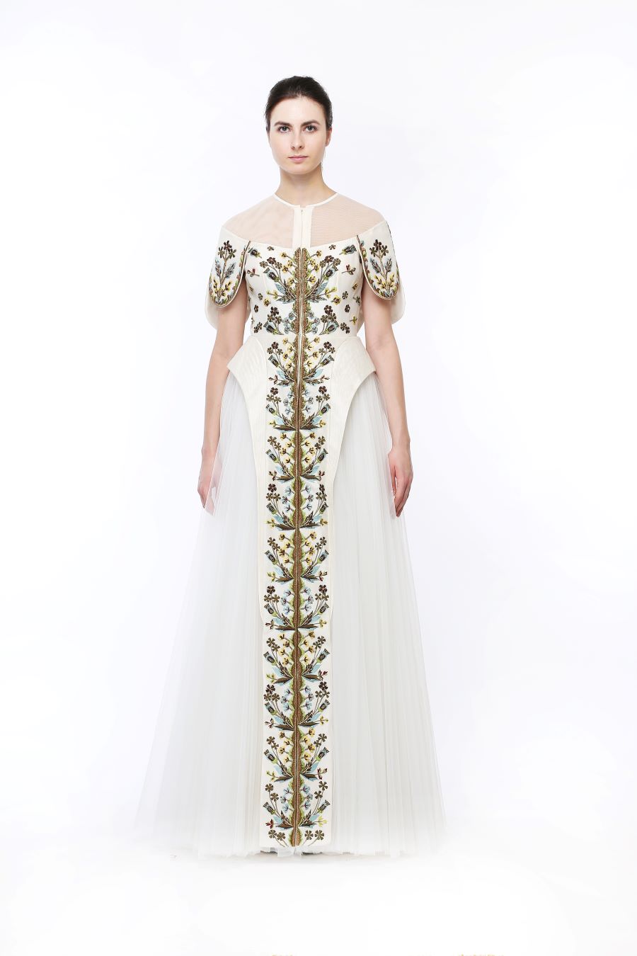 Embroidered Paneled Gown.