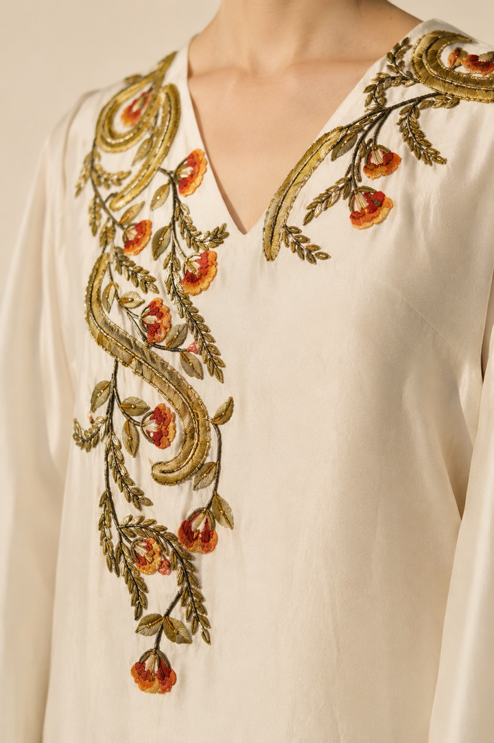 Ivory Ankle-Length Dress In Cotton Silk