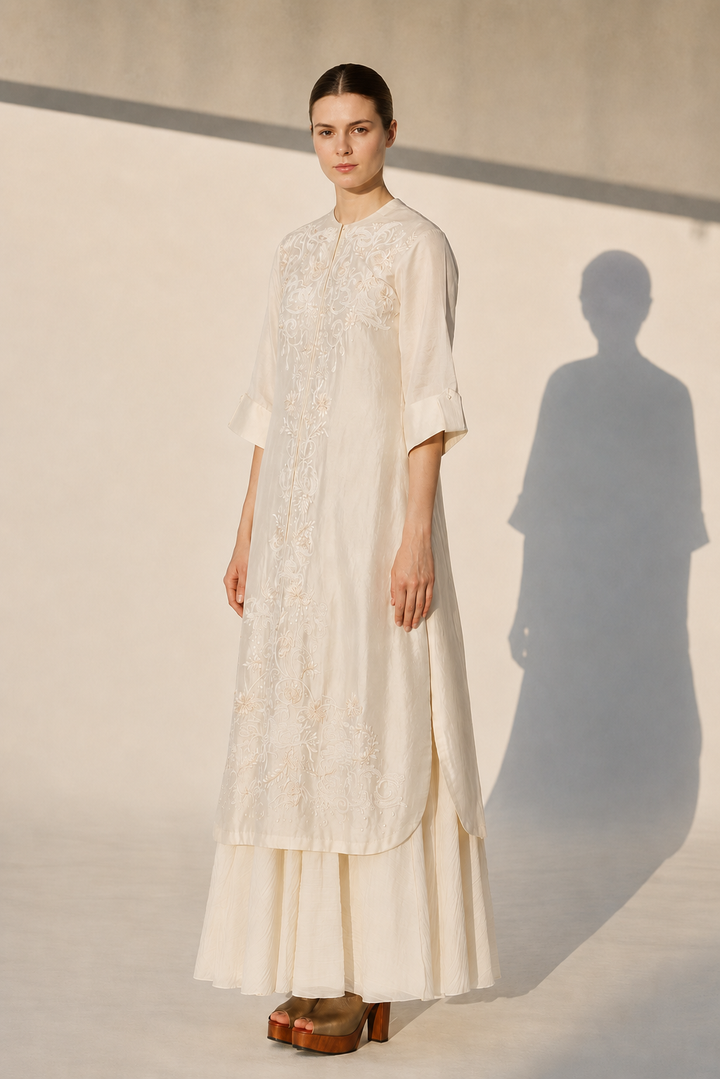 Ivory Cotton Silk Kurta Calf-Length