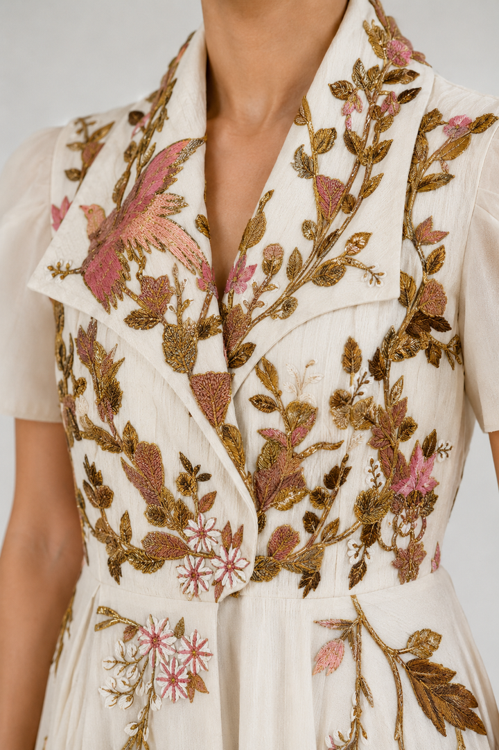 Cotton Silk Front Open Gown Embroidered In Silk Yarn