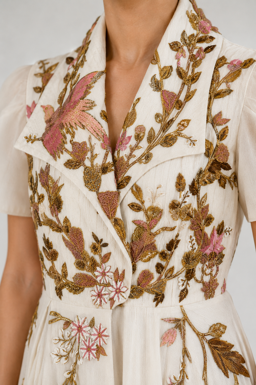 Cotton silk front open gown embroidered in silk yarn