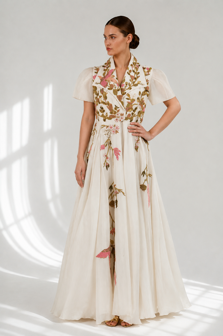 Cotton Silk Front Open Gown Embroidered In Silk Yarn