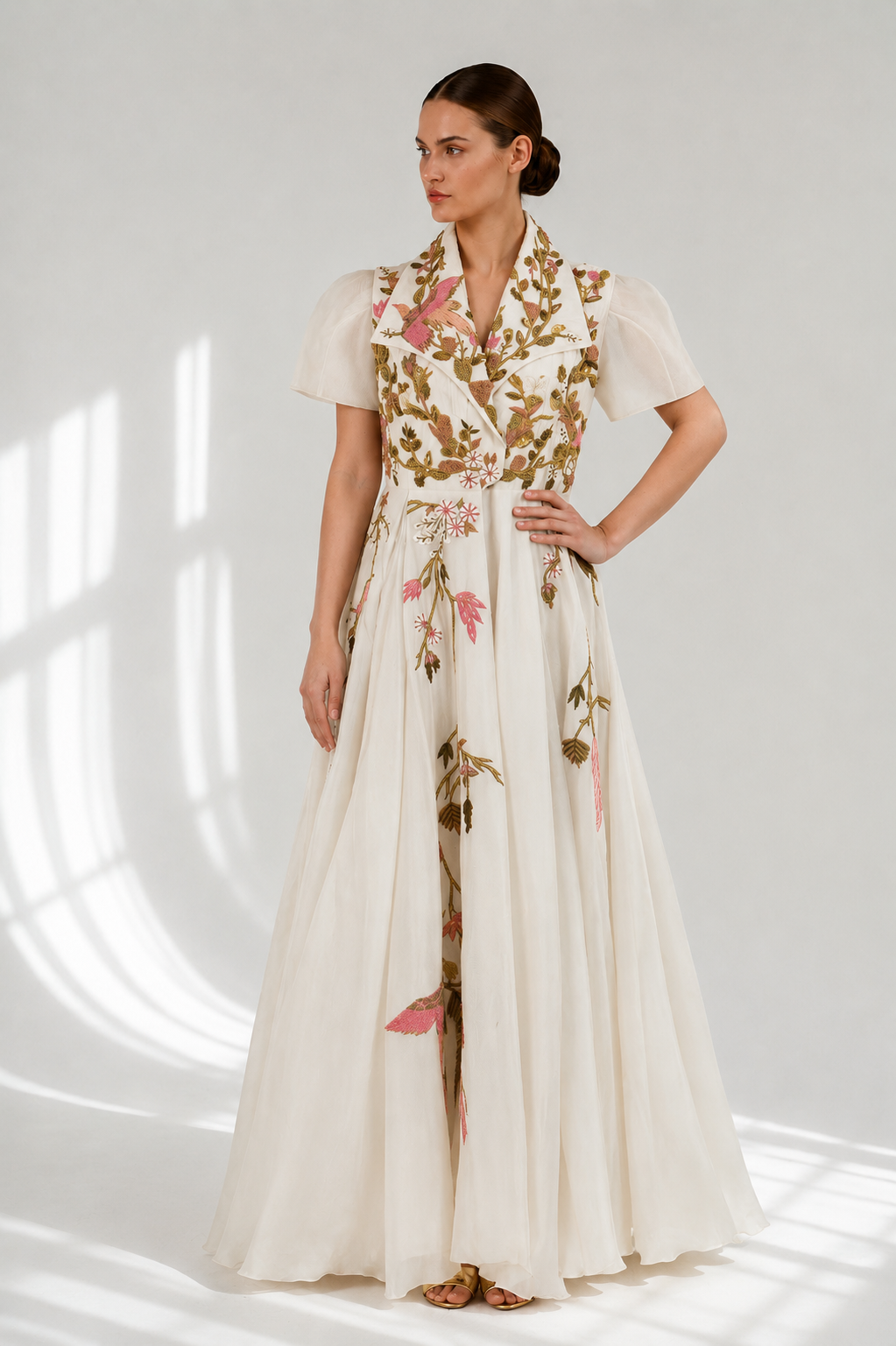 Cotton silk front open gown embroidered in silk yarn