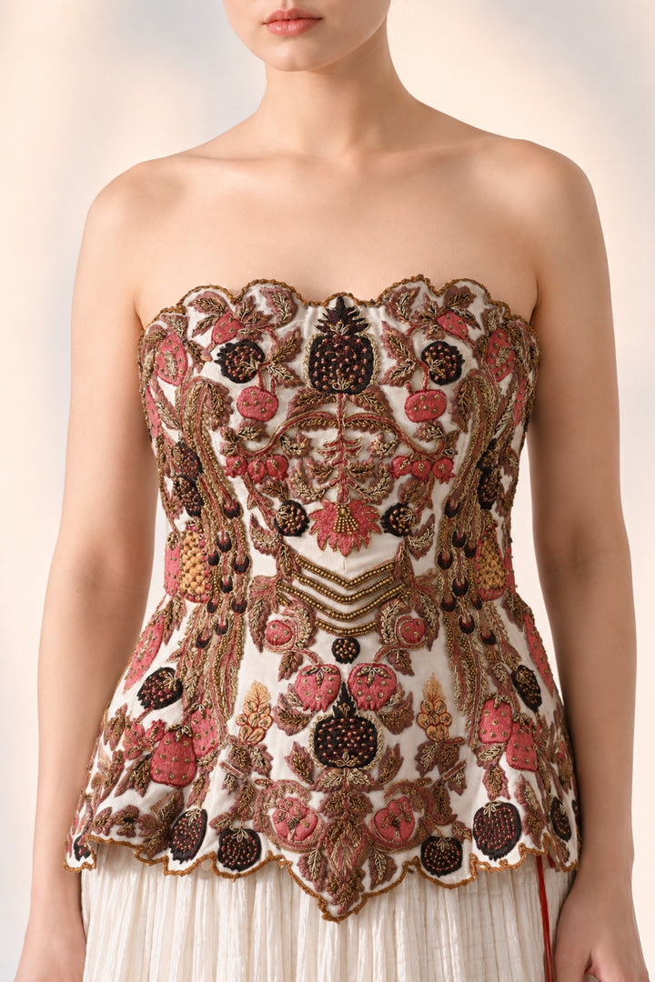 Soft Ivory Floral Embroidered Corset With Skirt