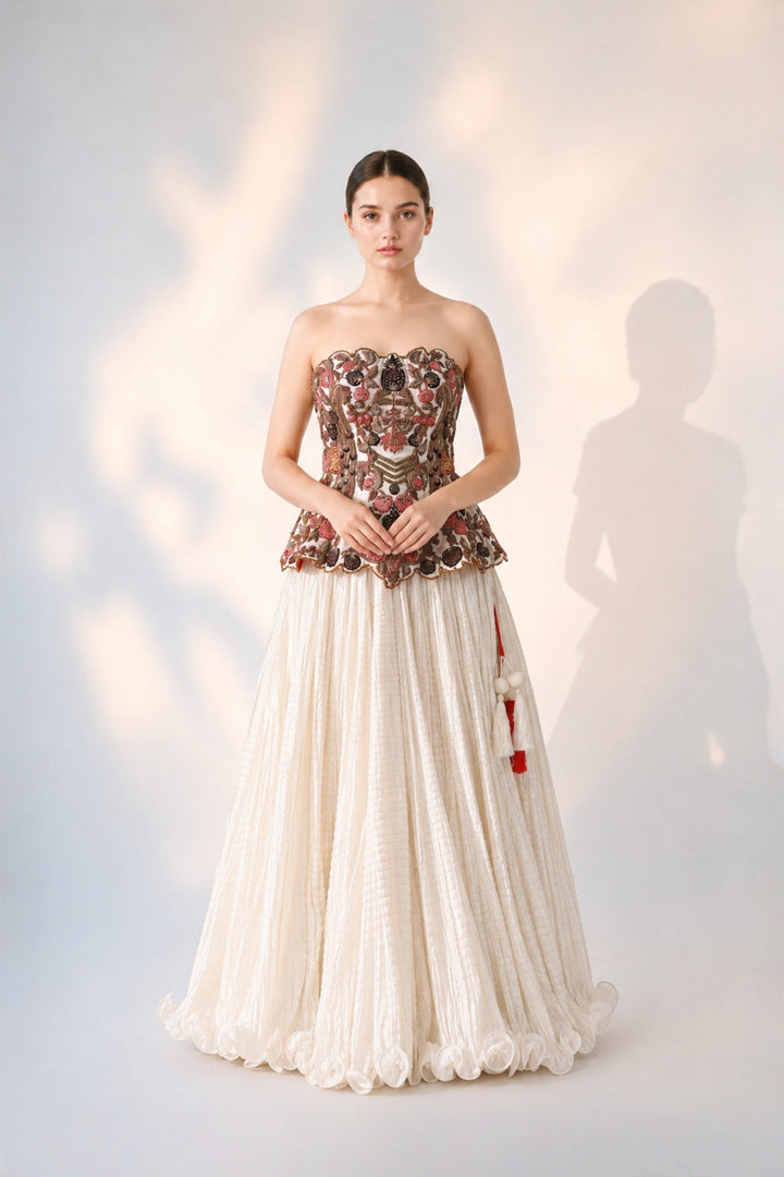 Soft Ivory Floral Embroidered Corset With Skirt