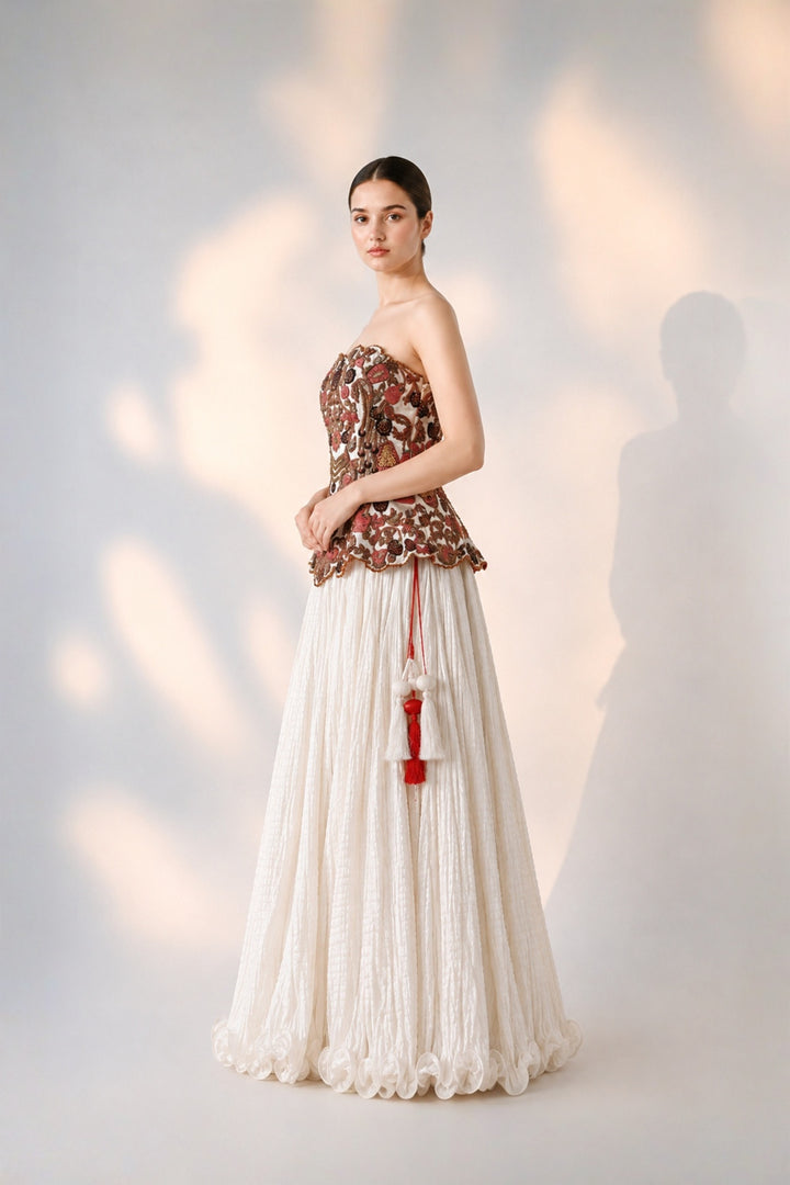 Soft Ivory Floral Embroidered Corset With Skirt