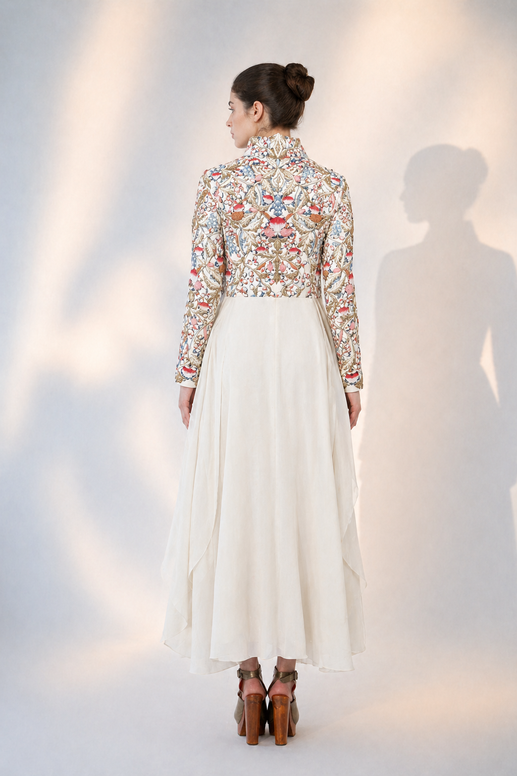 High-Collared Asymmetric Embroidered Dress