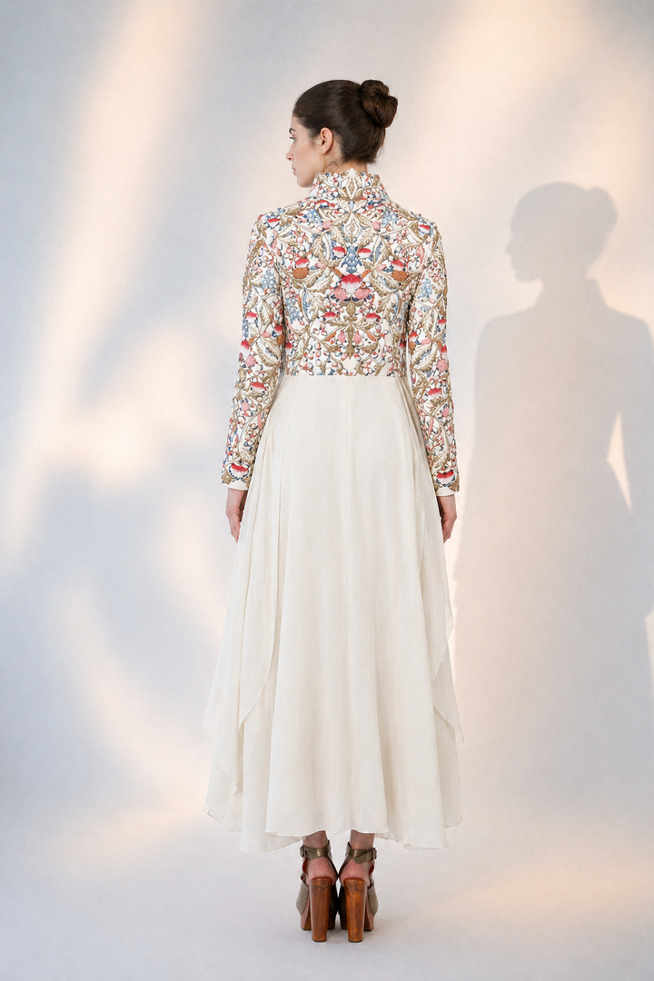 High-Collared Asymmetric Embroidered Dress