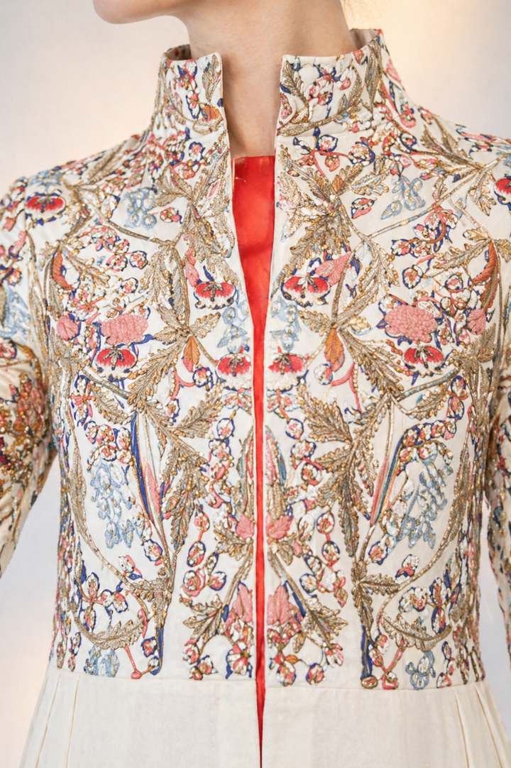 High-Collared Asymmetric Embroidered Dress