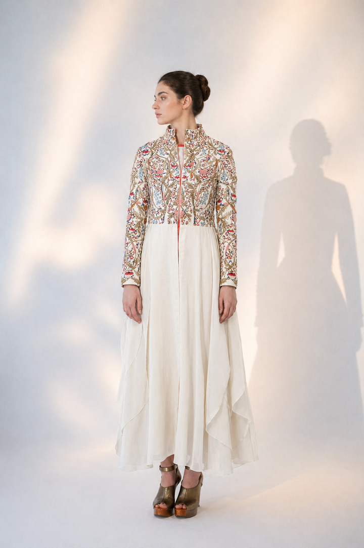High-Collared Asymmetric Embroidered Dress