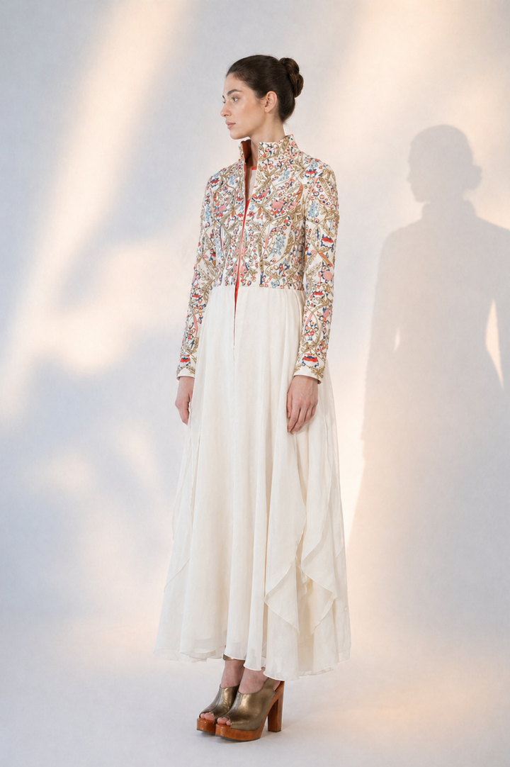 High-Collared Asymmetric Embroidered Dress