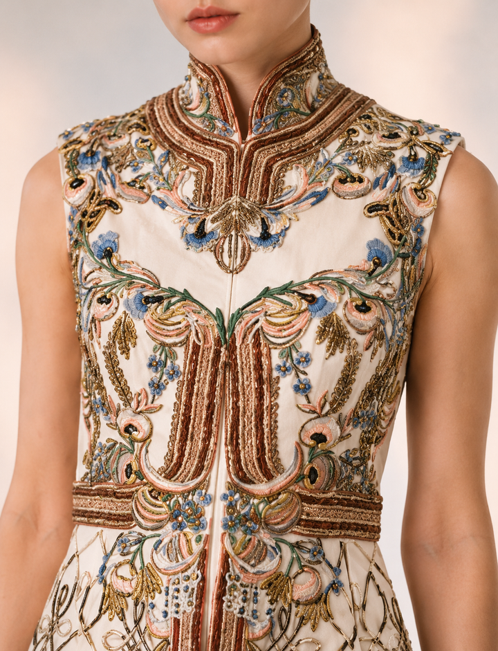 Ivory Regal Panelled Embroidered Gown