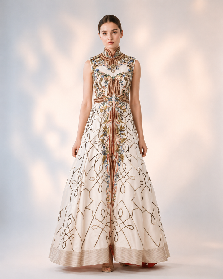 Ivory Regal Panelled Embroidered Gown