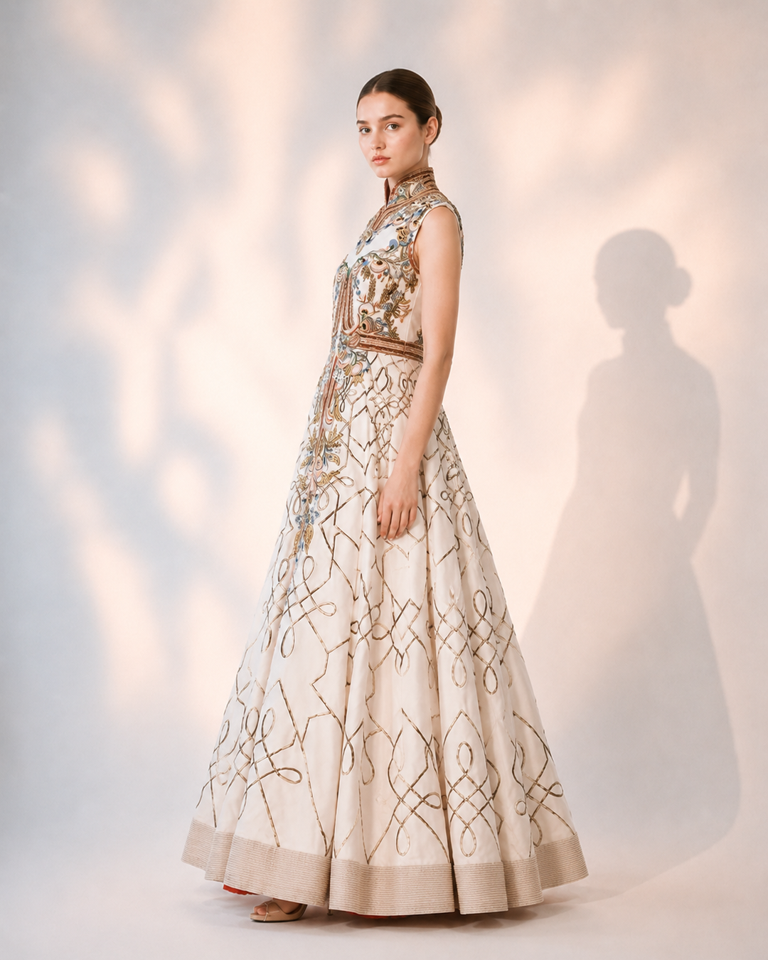 Ivory Regal Panelled Embroidered Gown