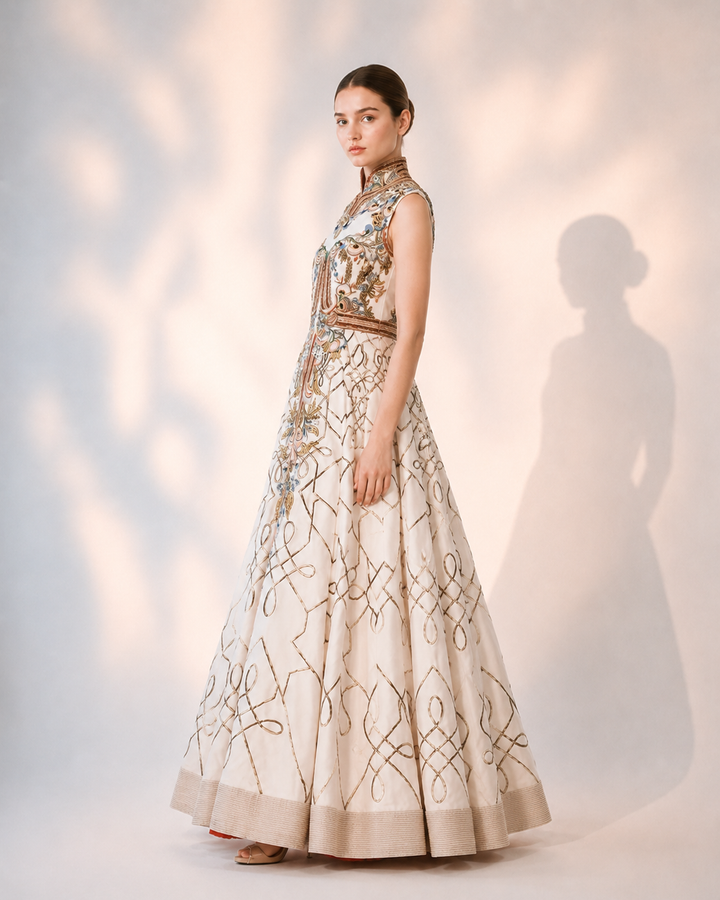 Ivory Regal Panelled Embroidered Gown