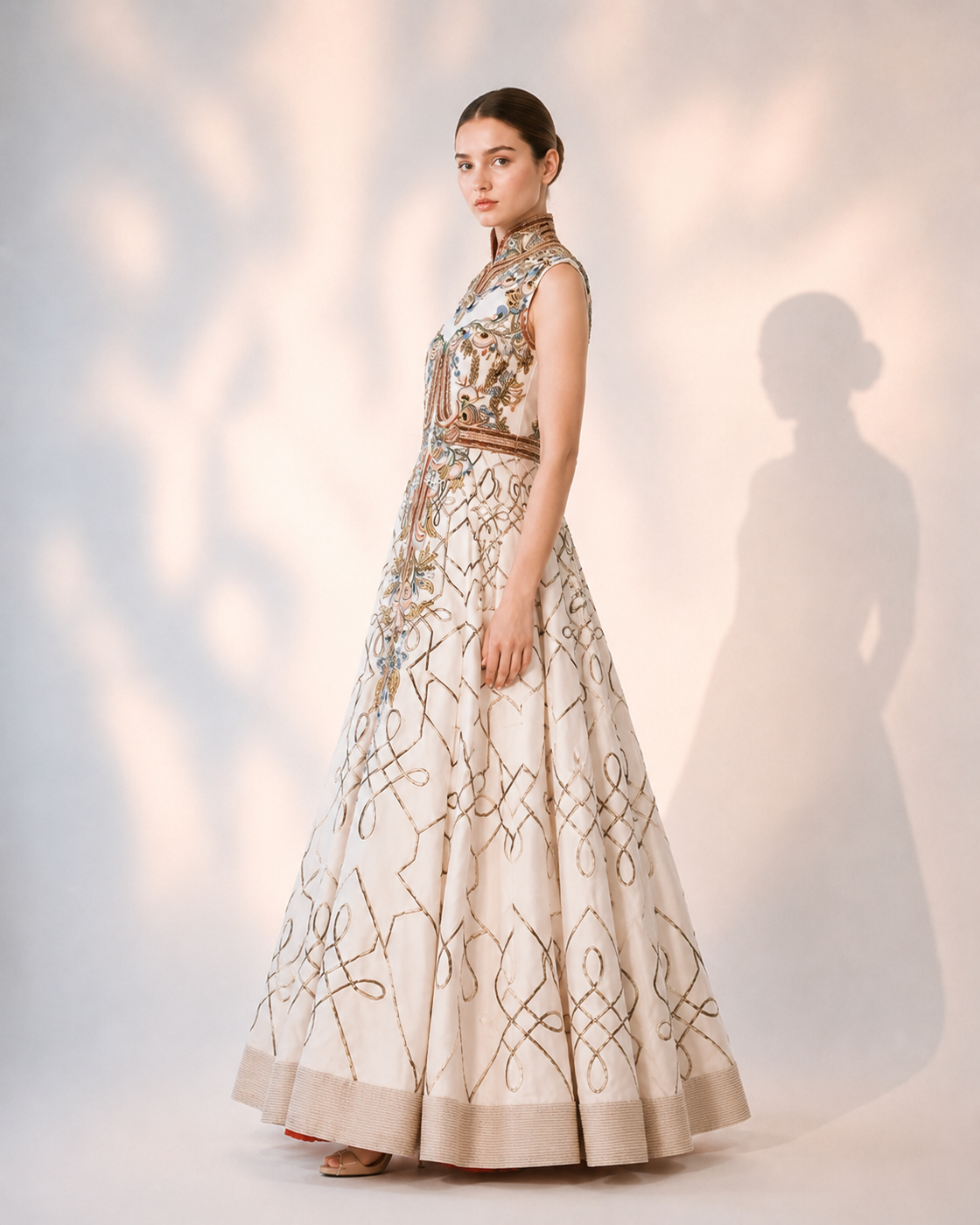 Ivory Regal Panelled Embroidered Gown