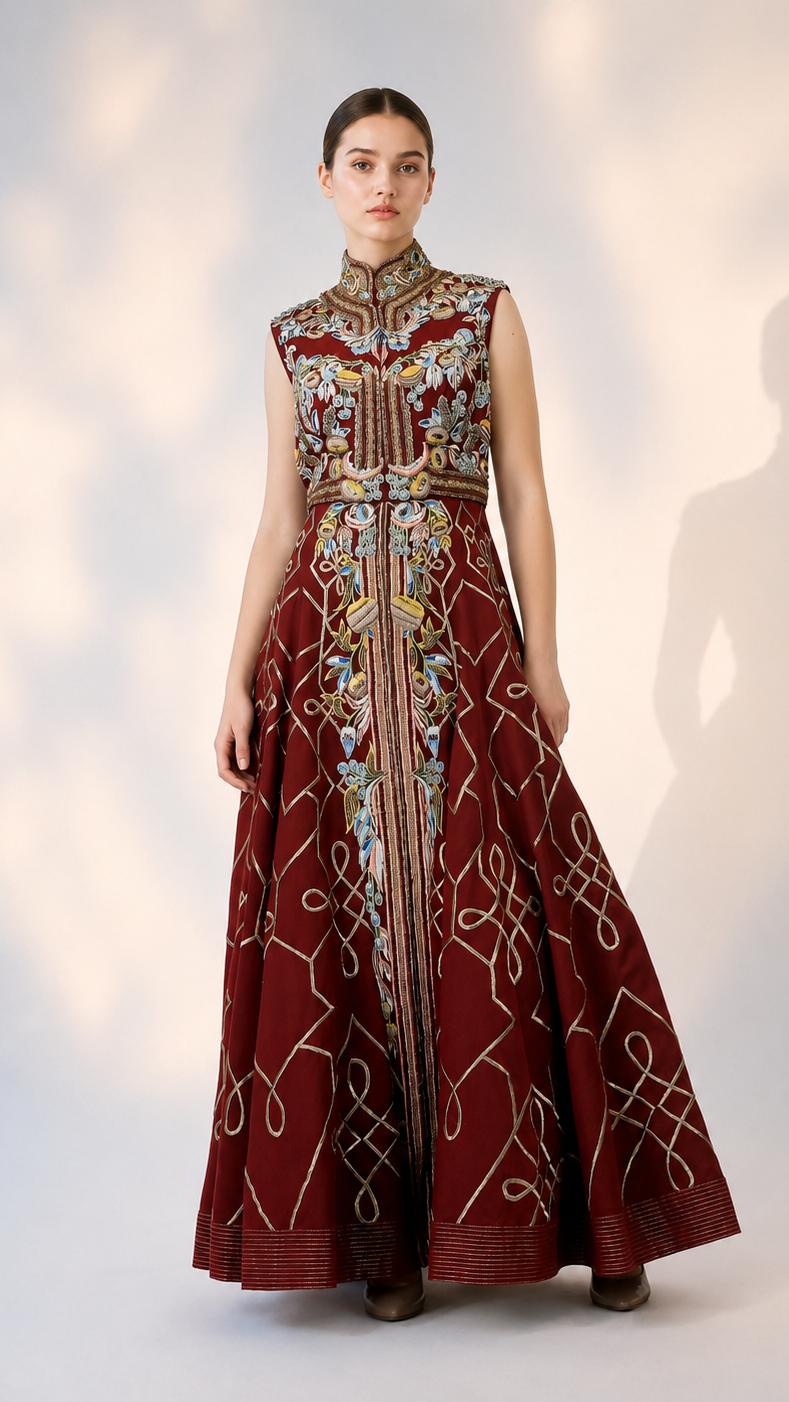 Woman wearing a long, intricately patterned dress on a plain background