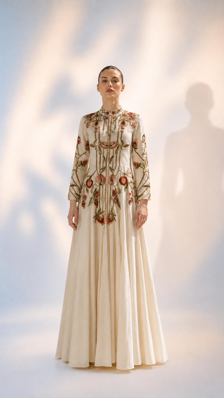 Woman wearing a long, embroidered dress against a neutral background