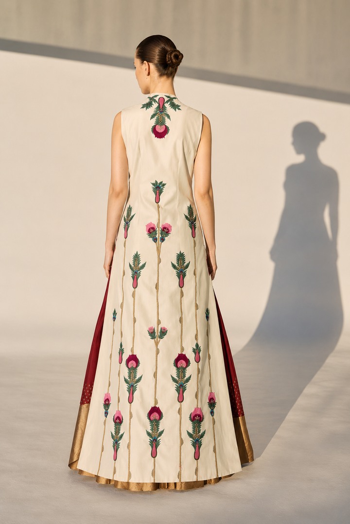 Front-Opening Embroidered Jacket Kurta With Block Printed Skirt