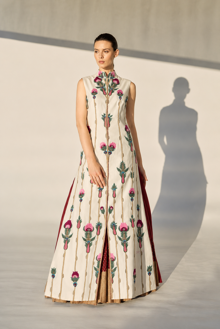 Front-Opening Embroidered Jacket Kurta With Block Printed Skirt