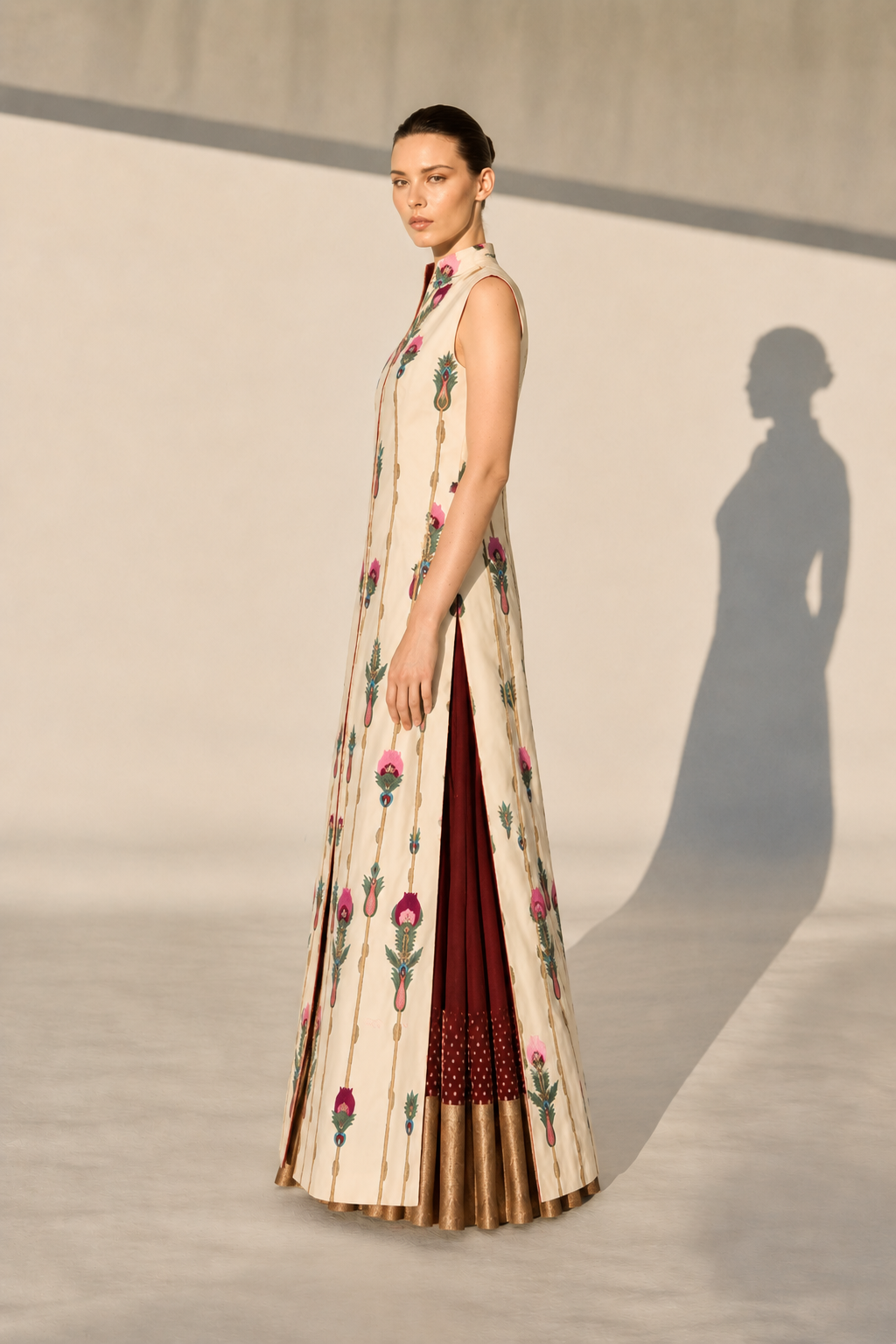 Front-Opening Embroidered Jacket Kurta With Block Printed Skirt