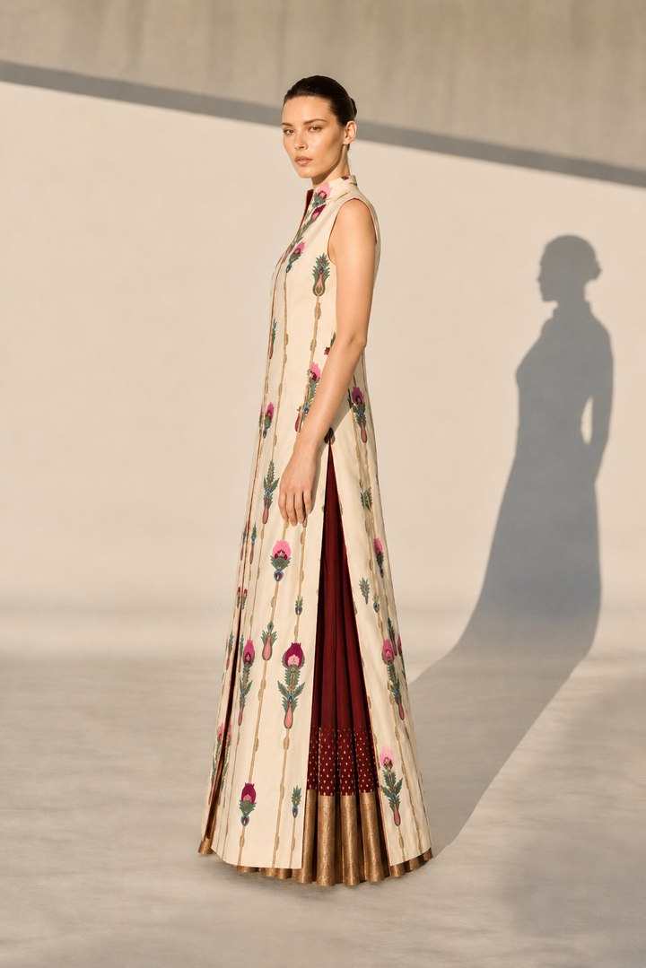 Front-Opening Embroidered Jacket Kurta With Block Printed Skirt