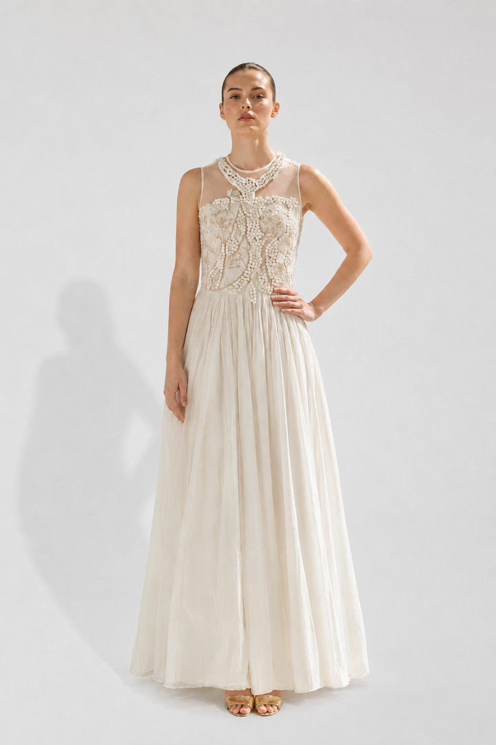 Cotton Based Silk Thread Tone On Tone Embroidery Gown