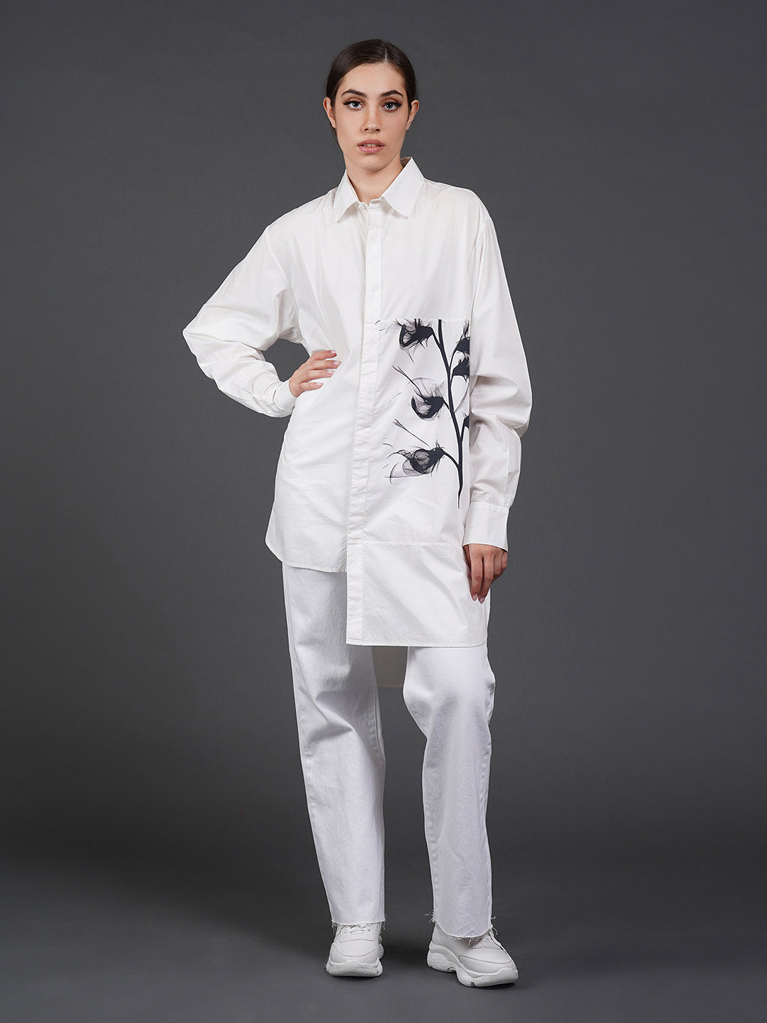 White asymmetric hem, stylish cotton shirt with digital print on it