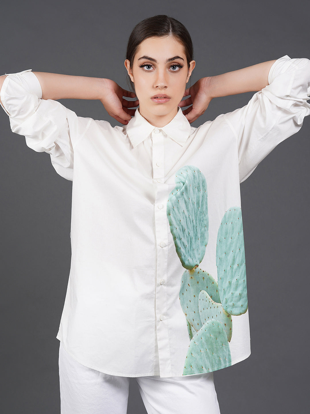 White cotton shirt showcasing abstract digital print in the front.