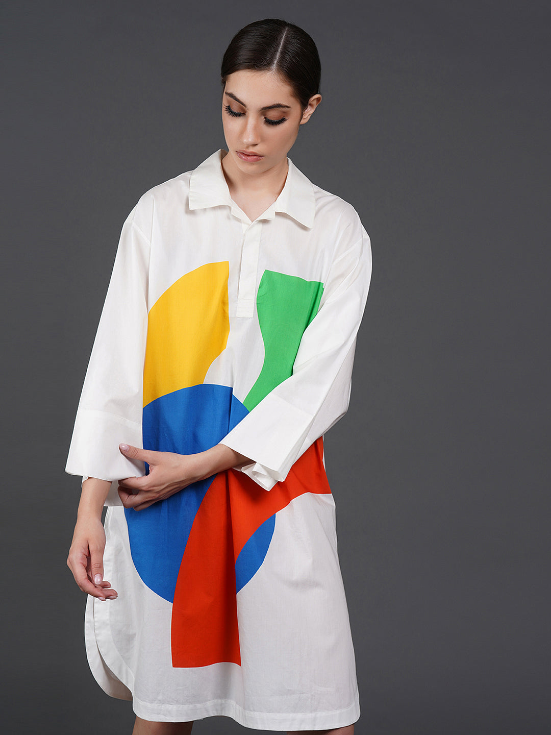 Copy of White cotton kurta showcasing abstract digital print in the front.