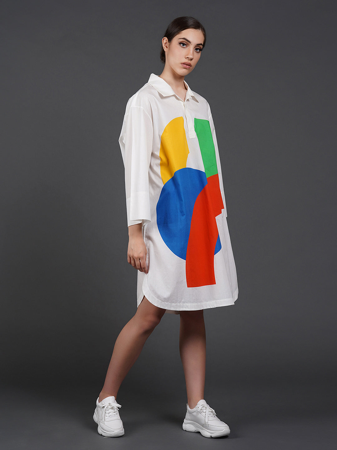 Copy of White cotton kurta showcasing abstract digital print in the front.