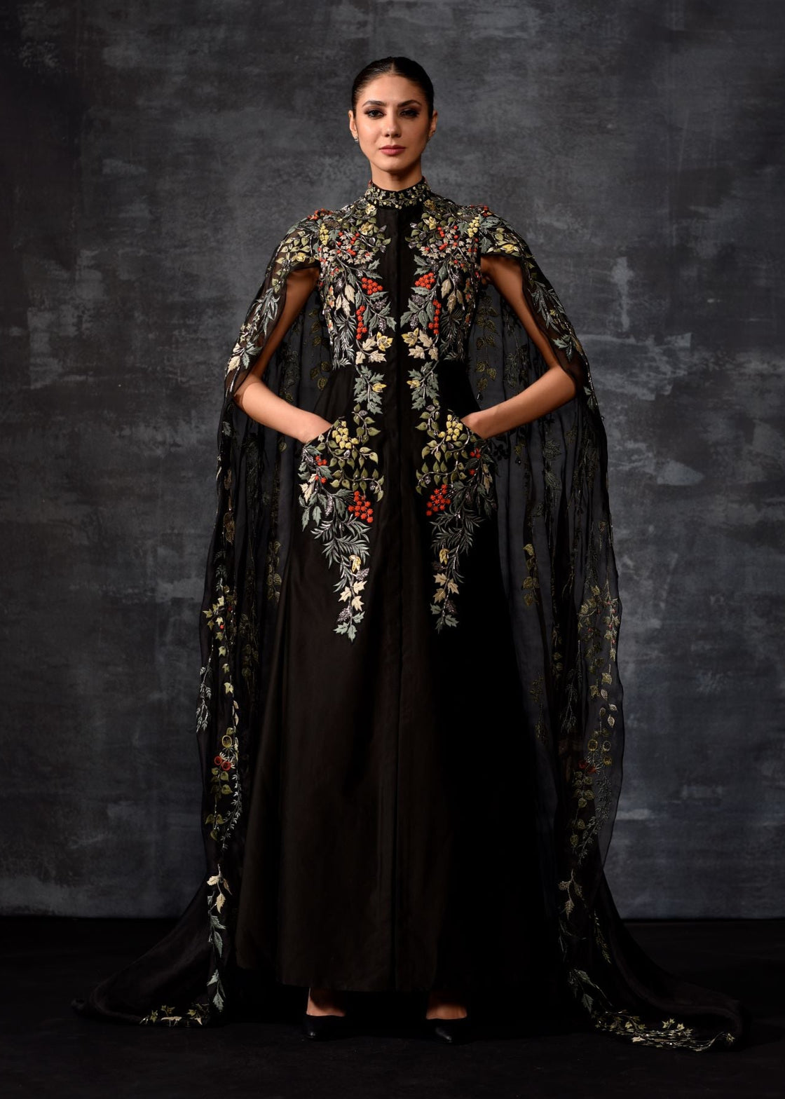 Black Embroidered Cape Gown