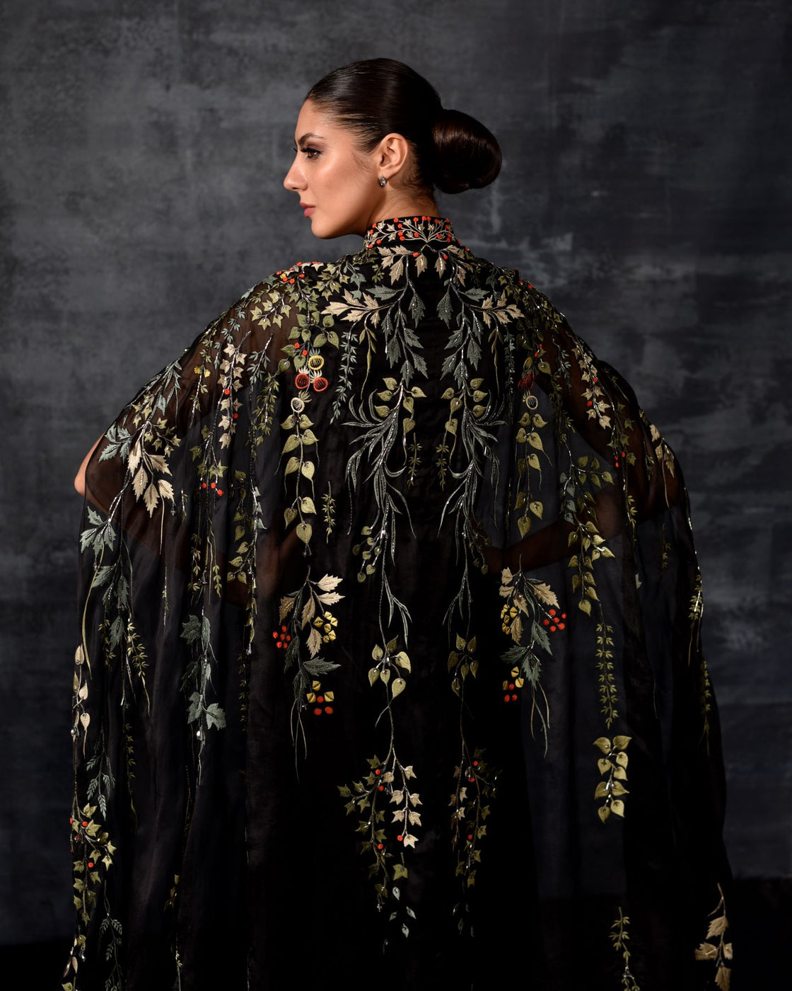Black Embroidered Cape Gown