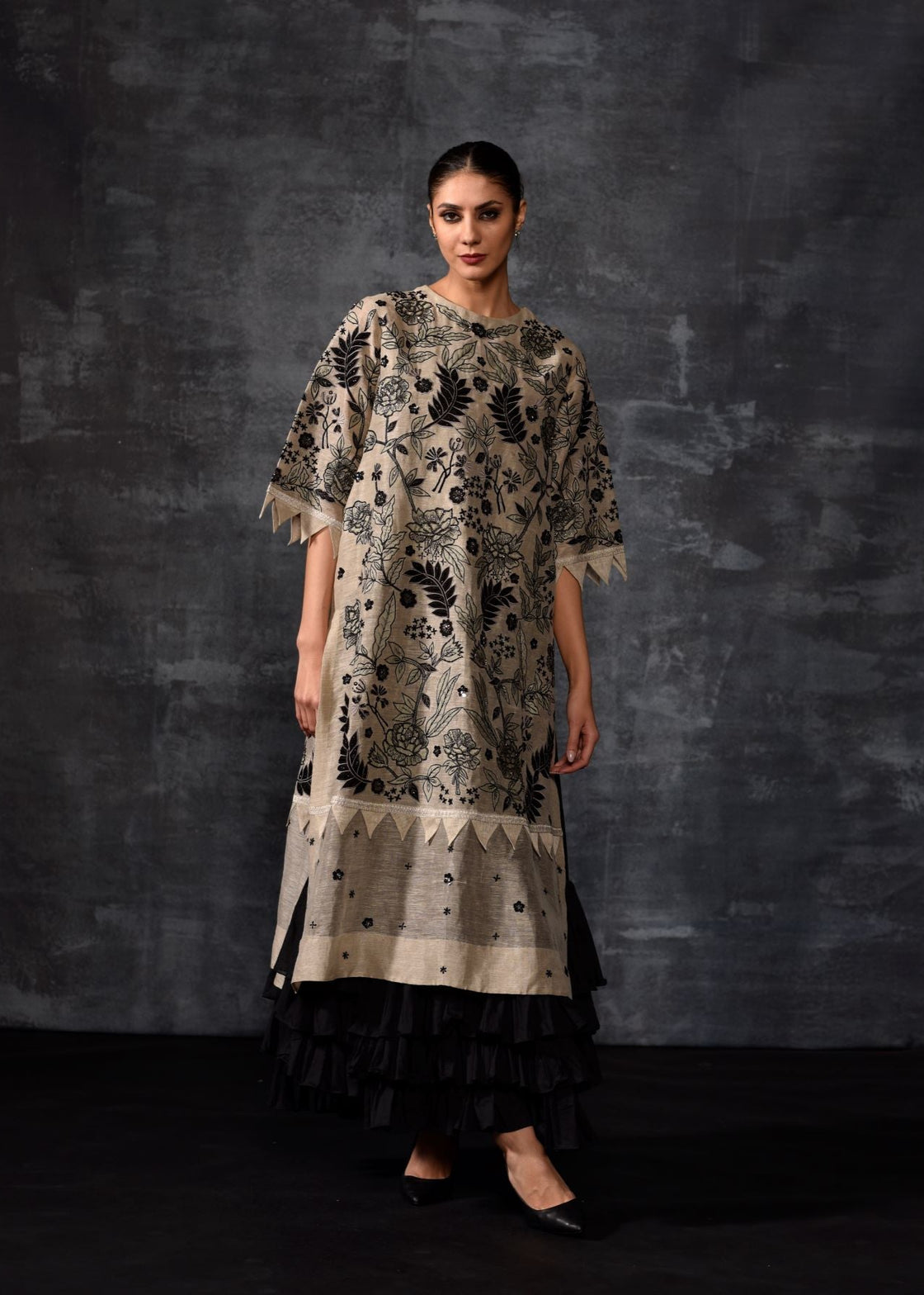 Chic Embroidered Tunic with Tiered Ruffle Bottom