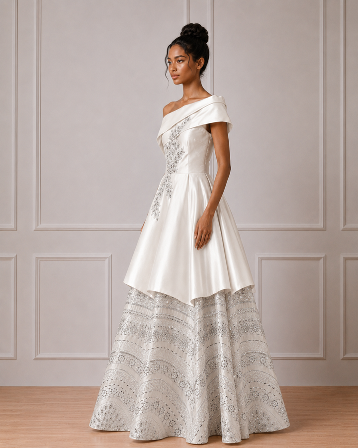 Ivory Knee-Length Peplum Attached Ankle Length Dress
