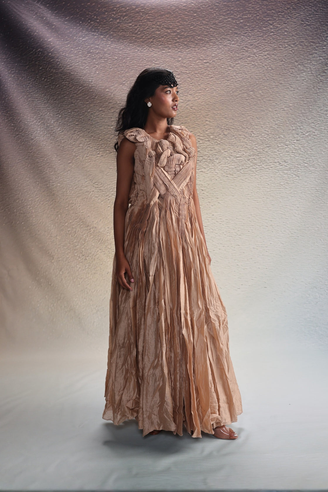 Beige Sculpted Draped Dress