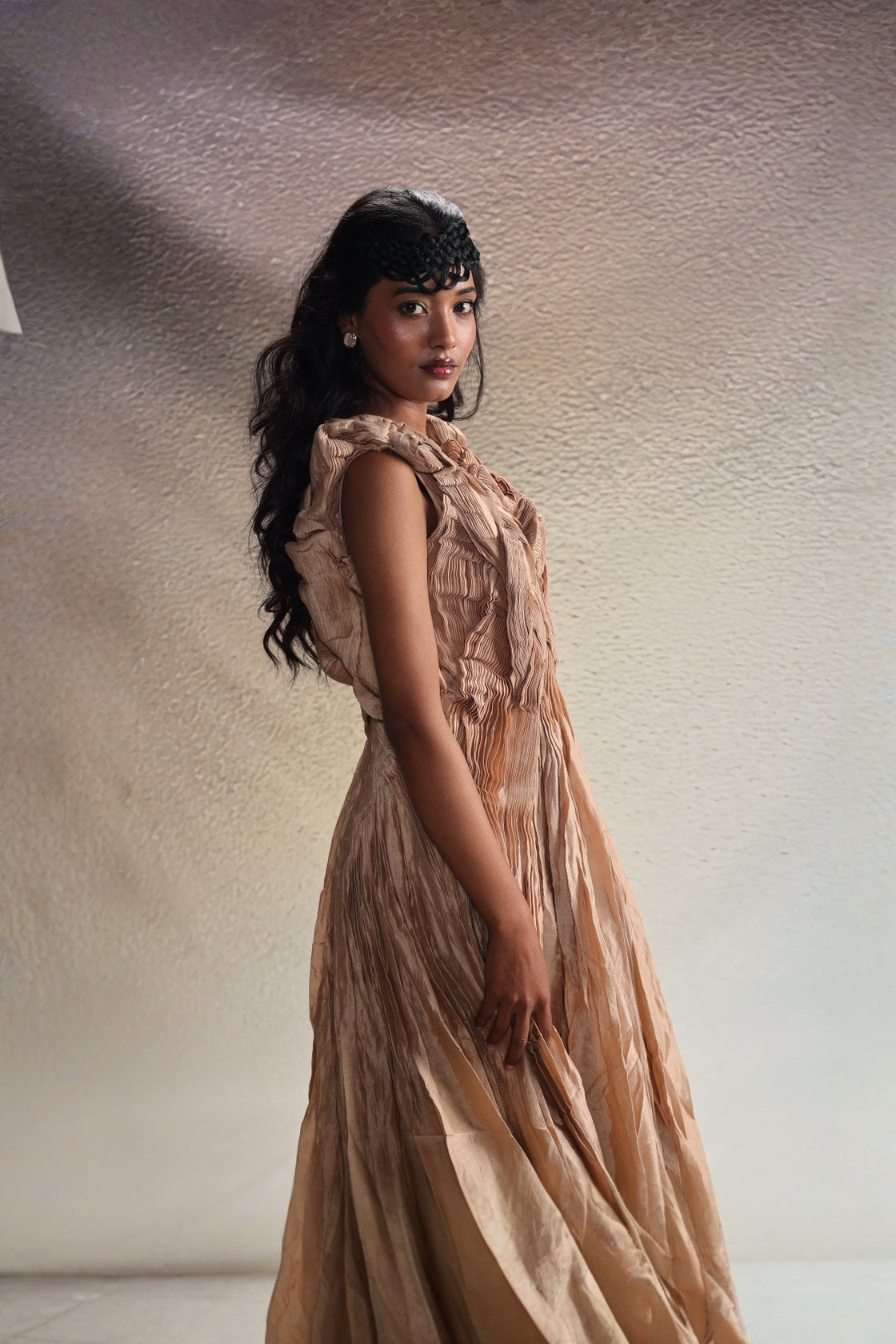Beige Sculpted Draped Dress