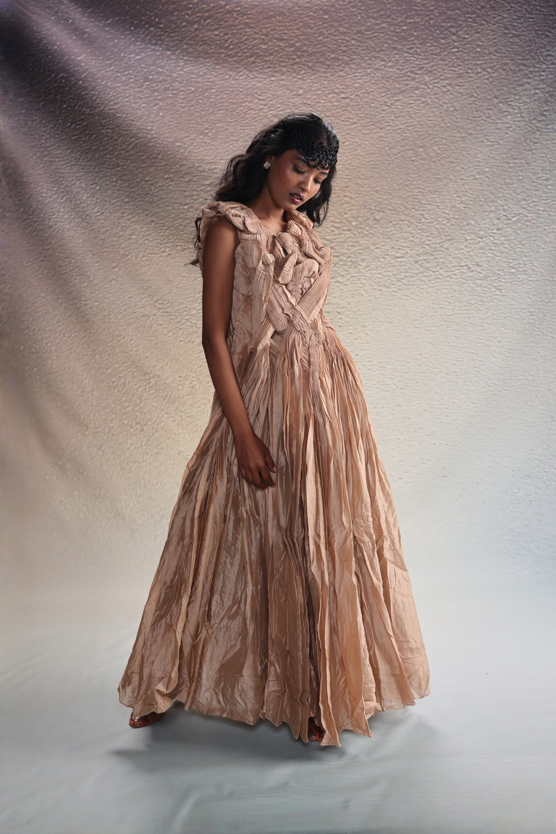 Beige Sculpted Draped Dress