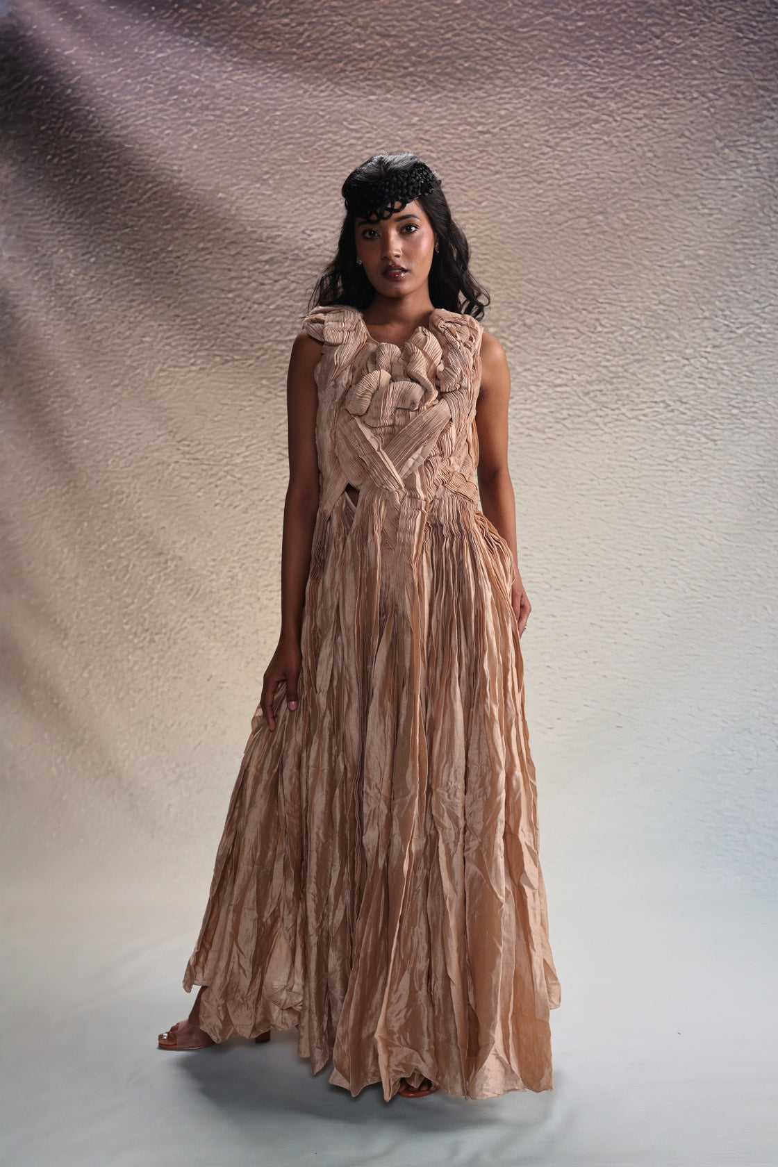 Beige Sculpted Draped Dress