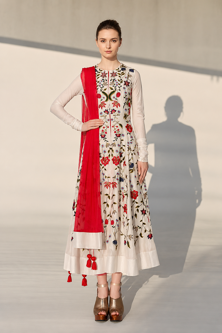 Front-Opening Top-Stitch Embroidered Kurta