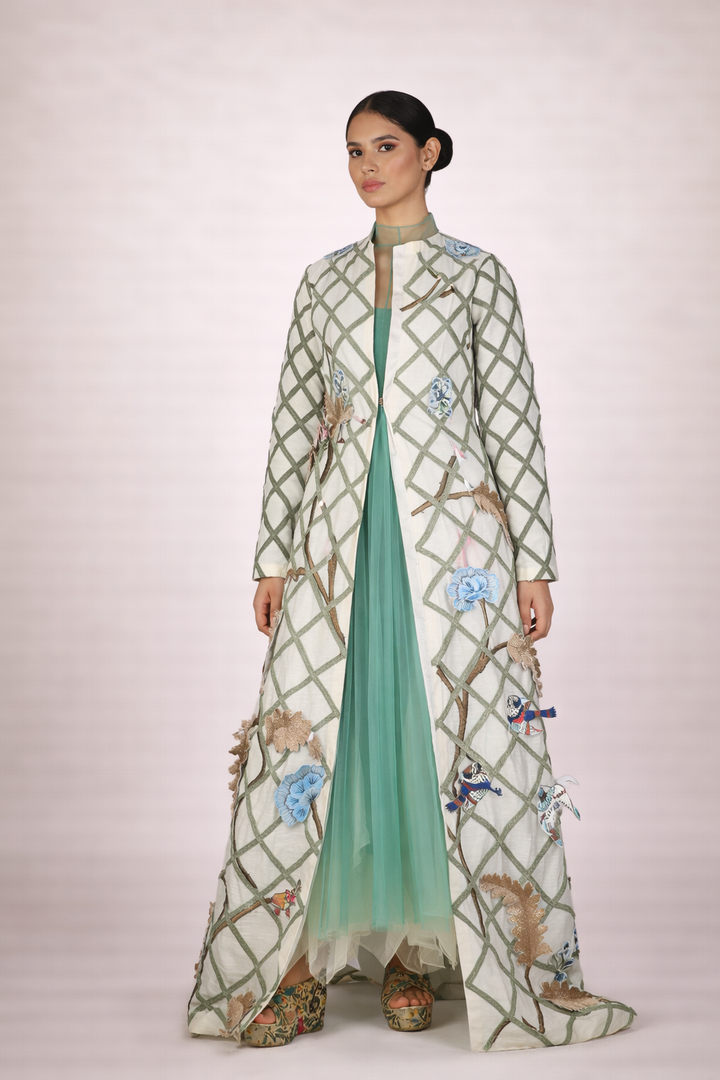 Cotton Silk Jacket With A Cotton Slip And Net Ombre Dress Inside