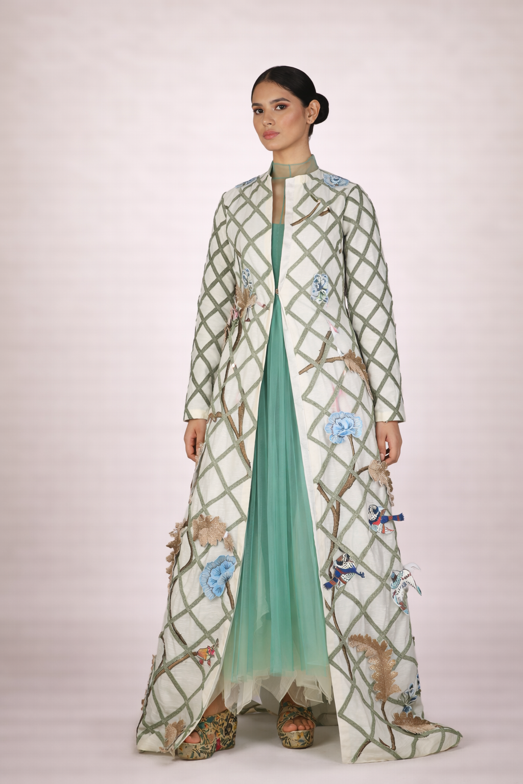 Cotton silk Jacket with a cotton slip and net ombre dress inside