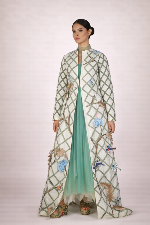 Cotton silk Jacket with a cotton slip and net ombre dress inside