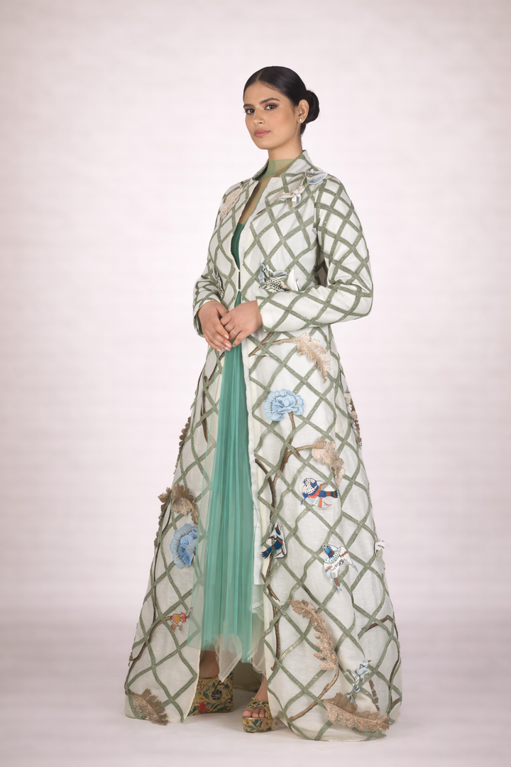 Cotton Silk Jacket With A Cotton Slip And Net Ombre Dress Inside
